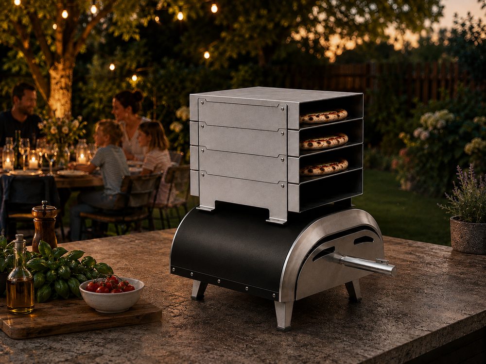Familie sitzt abends gemeinsam am Tisch, im Hintergrund steht Pizza Stack auf dem Pizzaofen