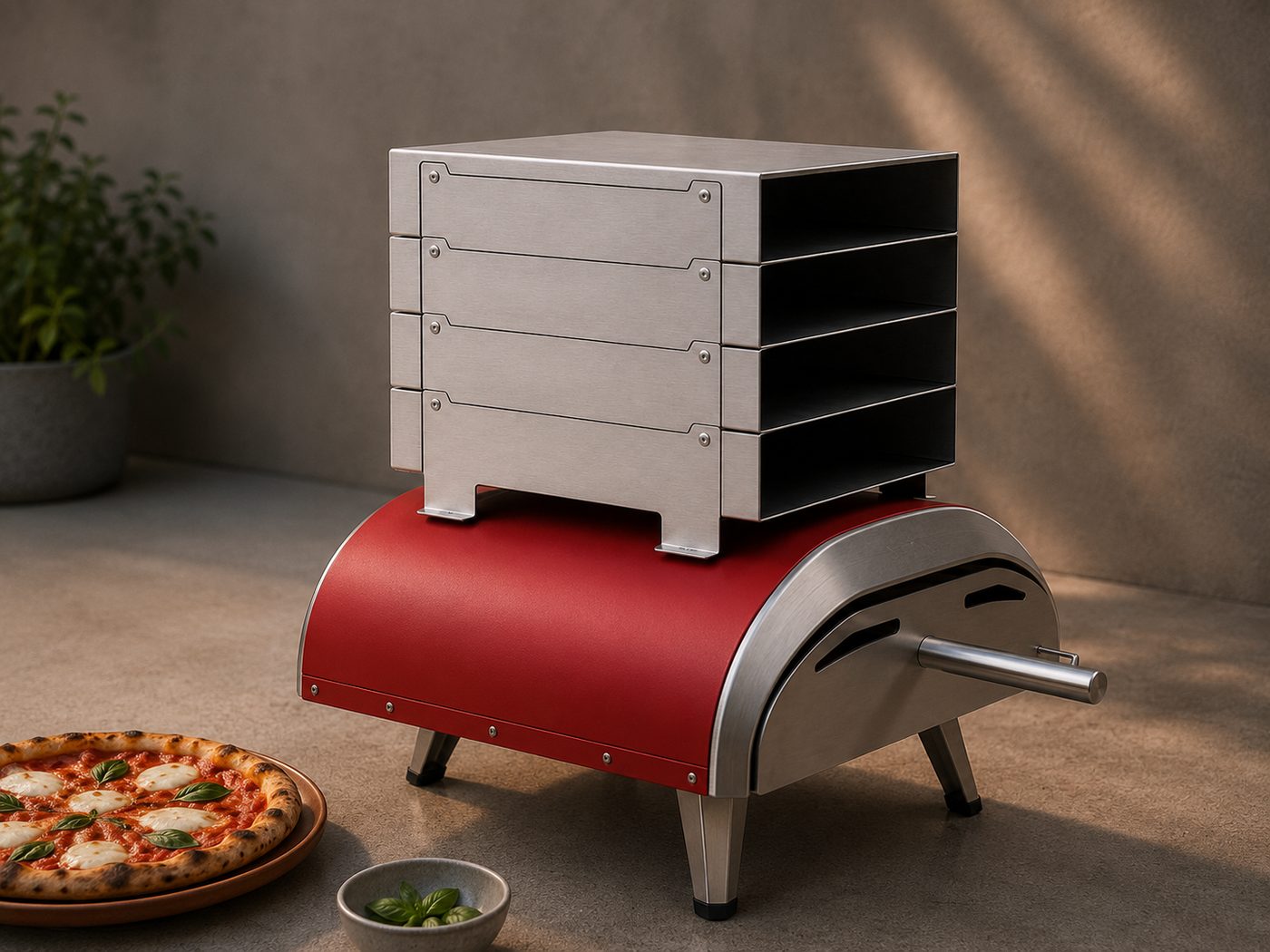 Pizza Stack auf einem Pizzaofen montiert, daneben eine frisch gebackene Pizza