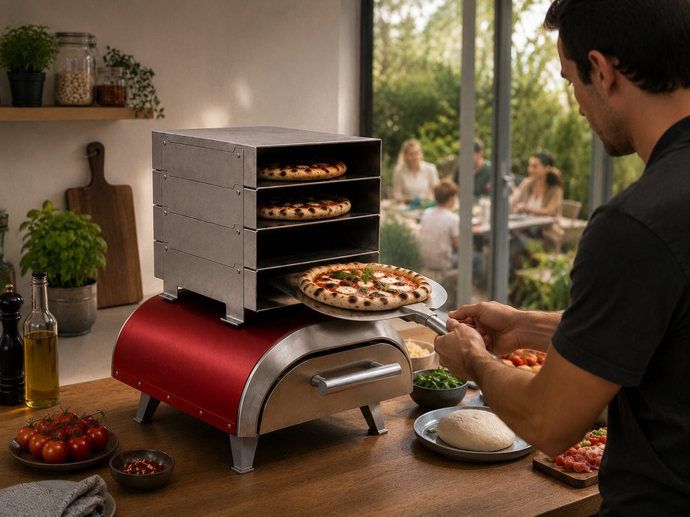 Eine frisch gebackene Pizza wird aus Pizza Stack serviert, im Hintergrund sitzt eine Familie am Tisch